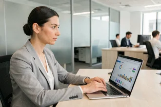 Femme professionnelle connectant Plan BI sur un ordinateur portable dans un bureau moderne avec des graphiques de données affichés à l'écran