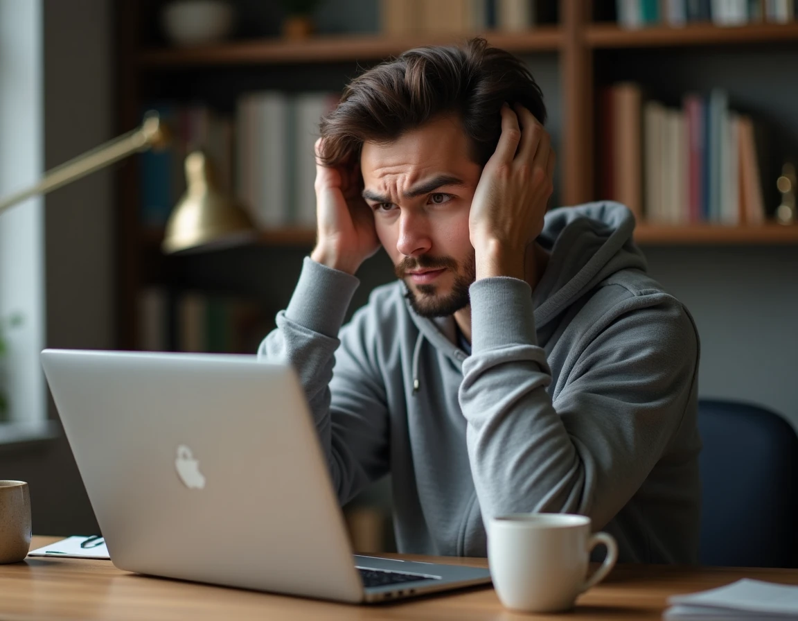 Homme frustré devant un message d'erreur d'accès à un site web sur son ordinateur portable à domicile