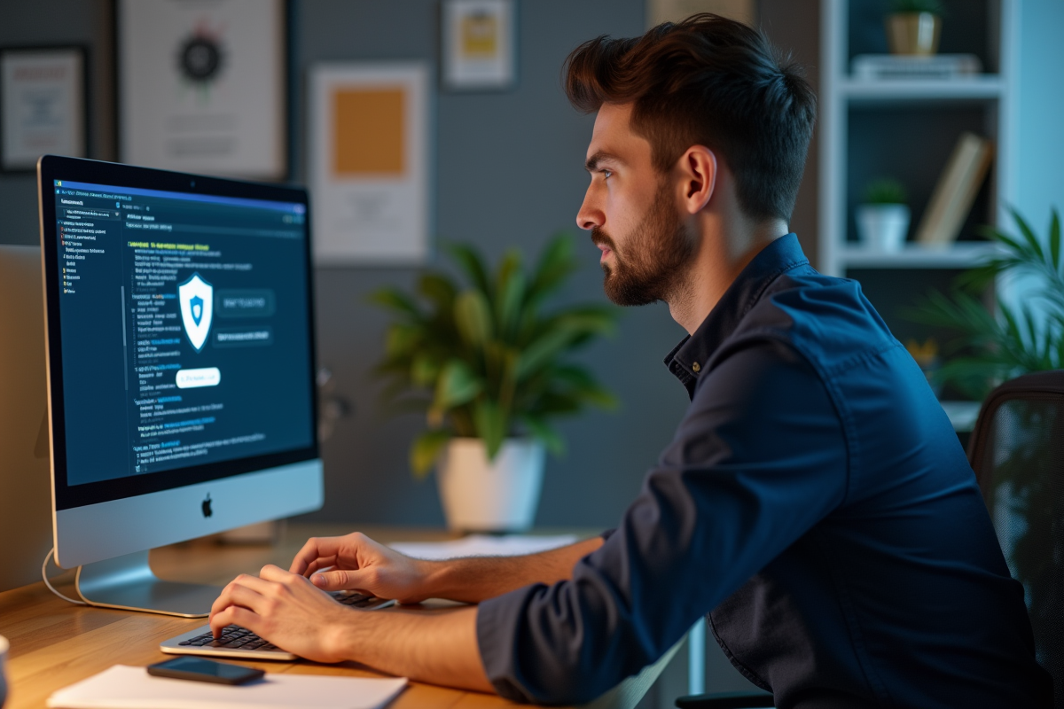 Jeune homme IT concentré utilisant WireGuard en bureau