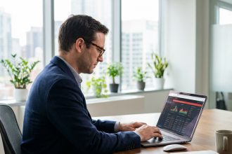Homme en costume navy travaillant sur un ordinateur en sécurité informatique