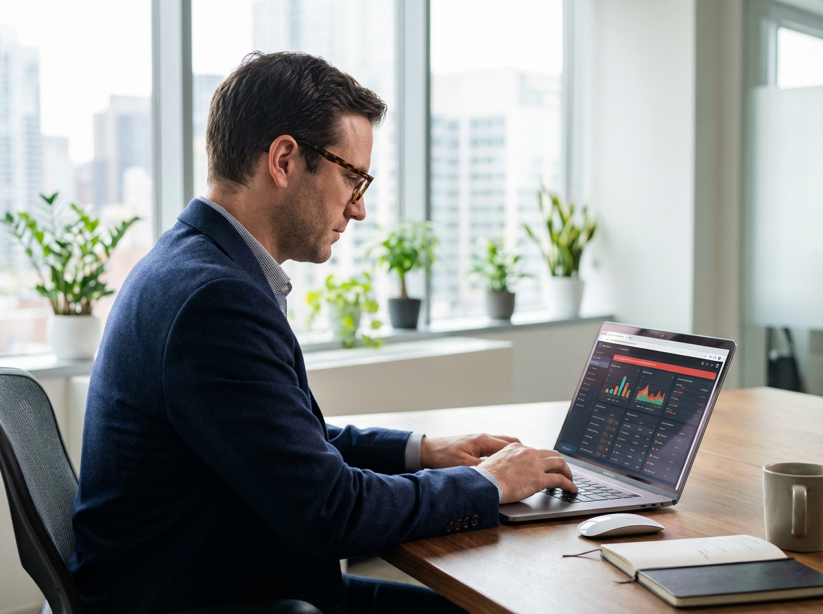 Homme en costume navy travaillant sur un ordinateur en sécurité informatique