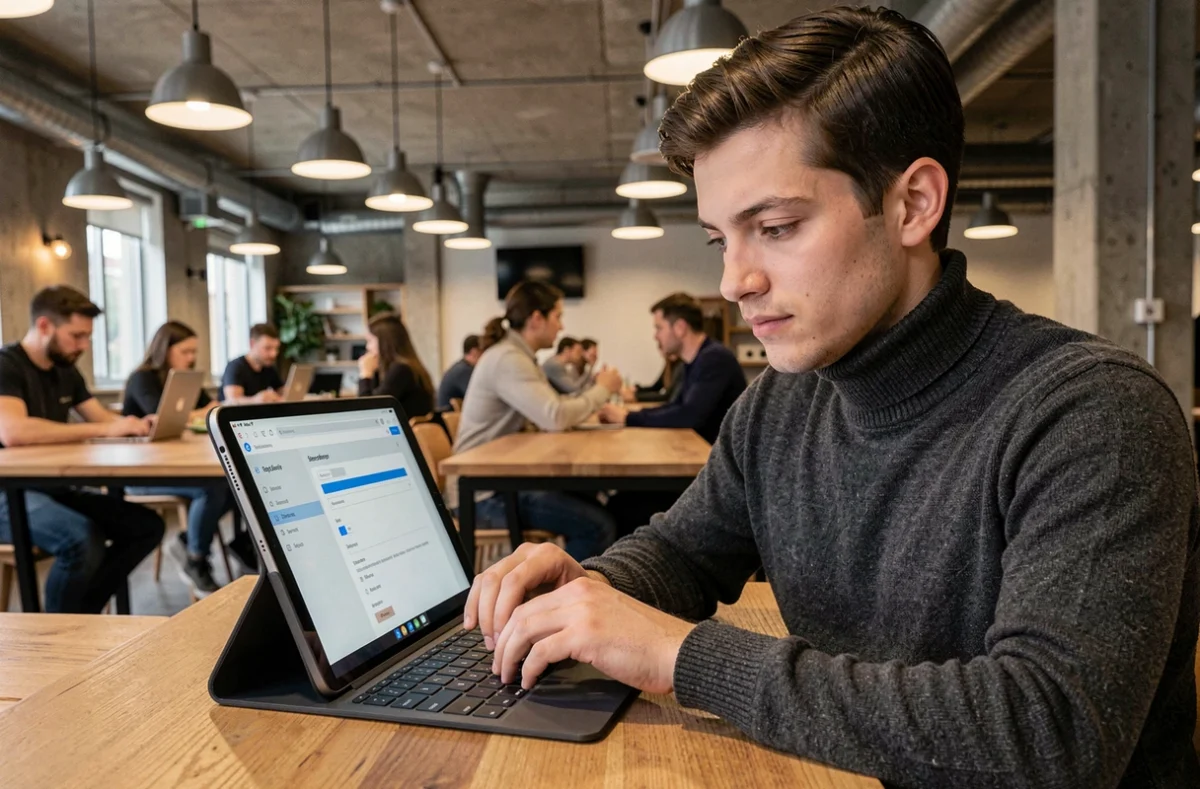 Jeune professionnel configurant les paramètres de sécurité de sa messagerie sur une tablette dans un espace de co-working