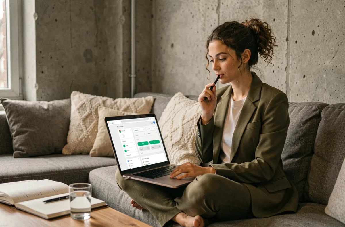 Jeune professionnelle configurant les options expérimentales de Chrome sur son laptop dans un espace de coworking décontracté pour améliorer sa productivité en télétravail