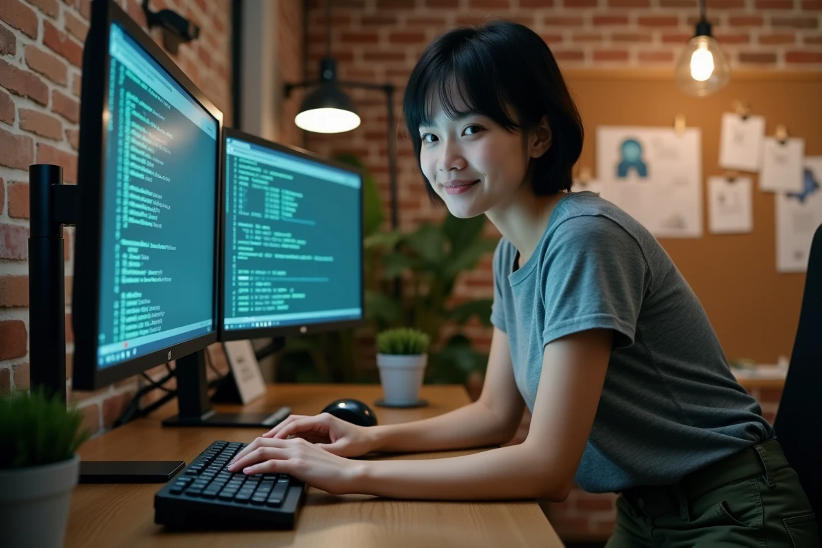 Jeune femme utilisant des raccourcis clavier sur un bureau Linux dans un studio créatif avec double écran