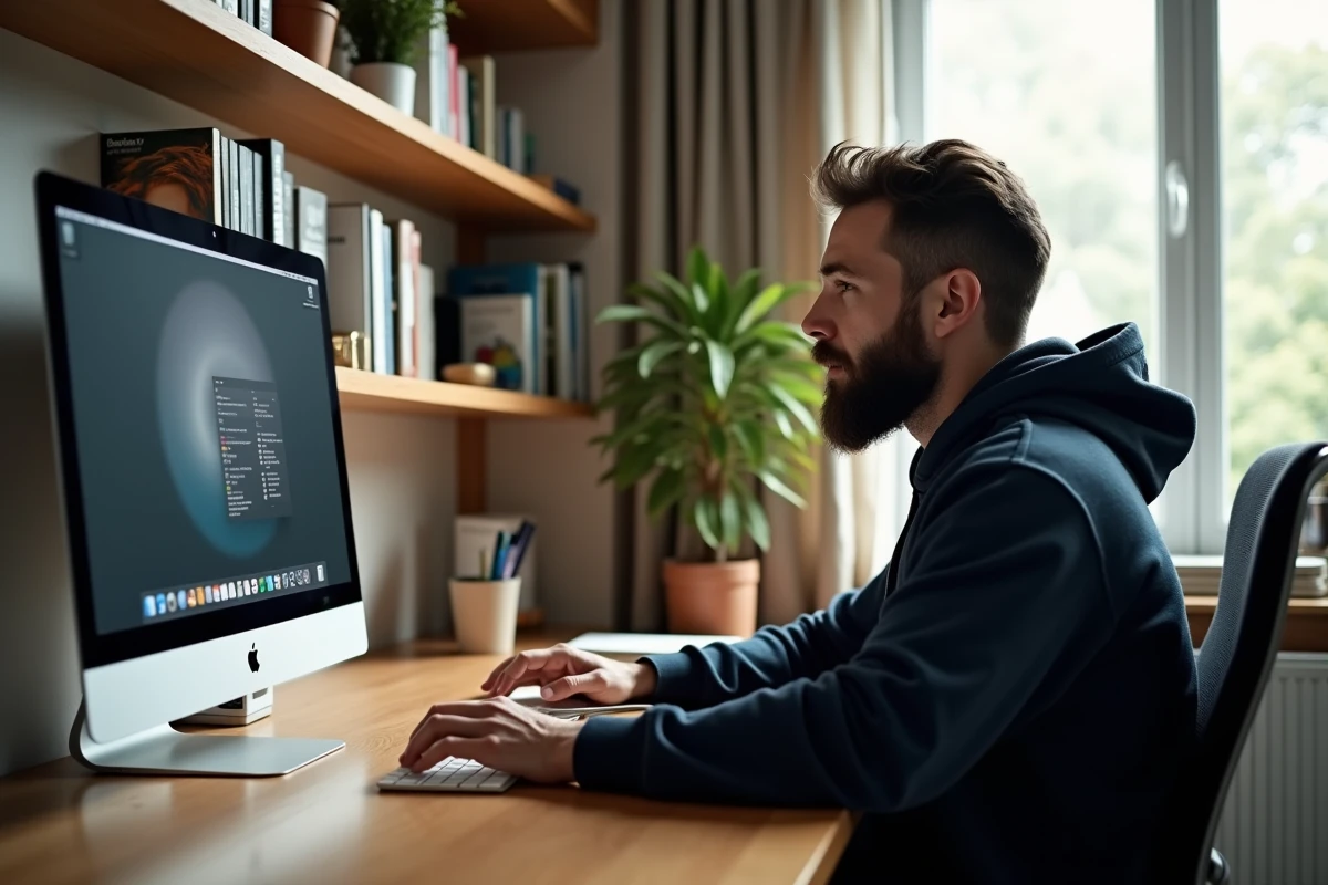 Homme créant un raccourci sur le bureau macOS en glissant une icône d'application depuis la barre des tâches