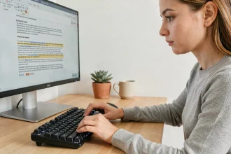 Jeune femme utilisant le raccourci clavier Ctrl+X pour couper du texte sur un clavier mécanique devant un écran d'ordinateur