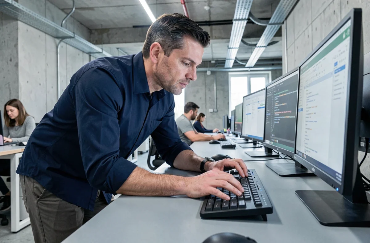 Homme en open space utilisant le raccourci clavier couper Ctrl+X sur un clavier d'ordinateur professionnel