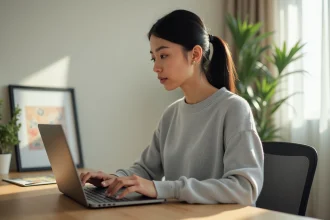 Femme utilisant un raccourci clavier sur un clavier mécanique devant un ordinateur portable dans un bureau à domicile