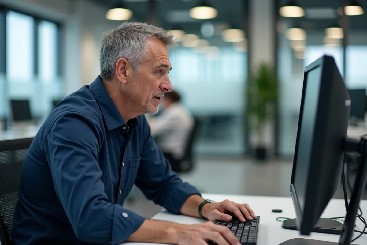 Homme en bureau open space utilisant une combinaison de touches sur un clavier d'ordinateur de bureau