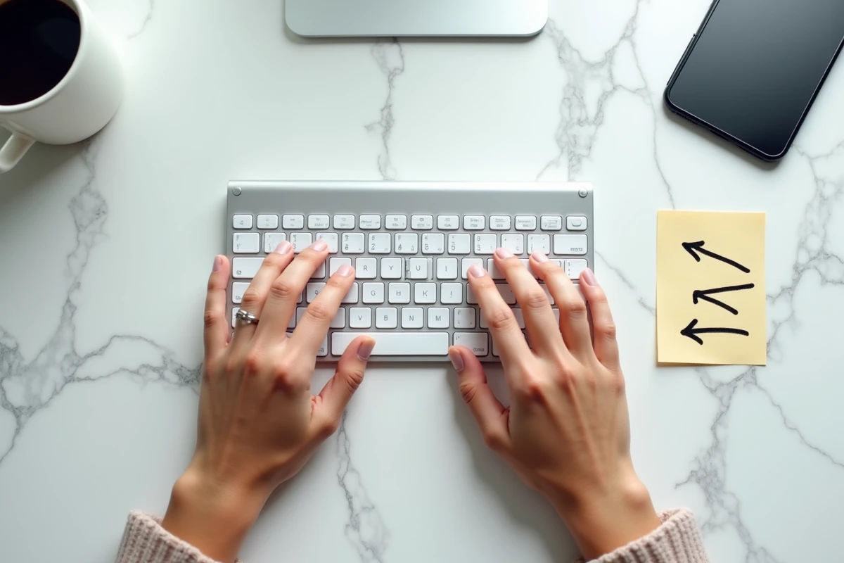 Vue aérienne de mains au-dessus d'un clavier sans fil avec une note illustrant des flèches de direction sur un bureau en marbre