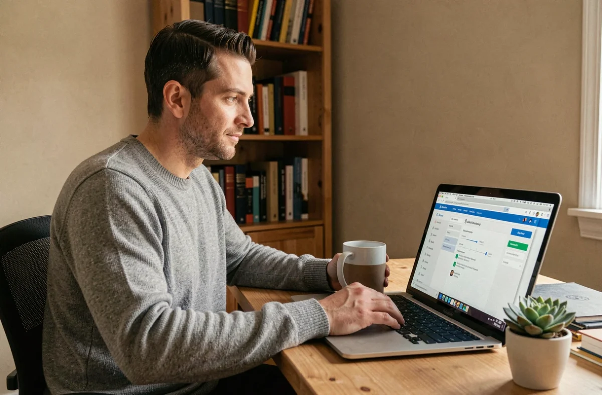 Homme configurant la redirection de mails sur un ordinateur portable dans un bureau à domicile