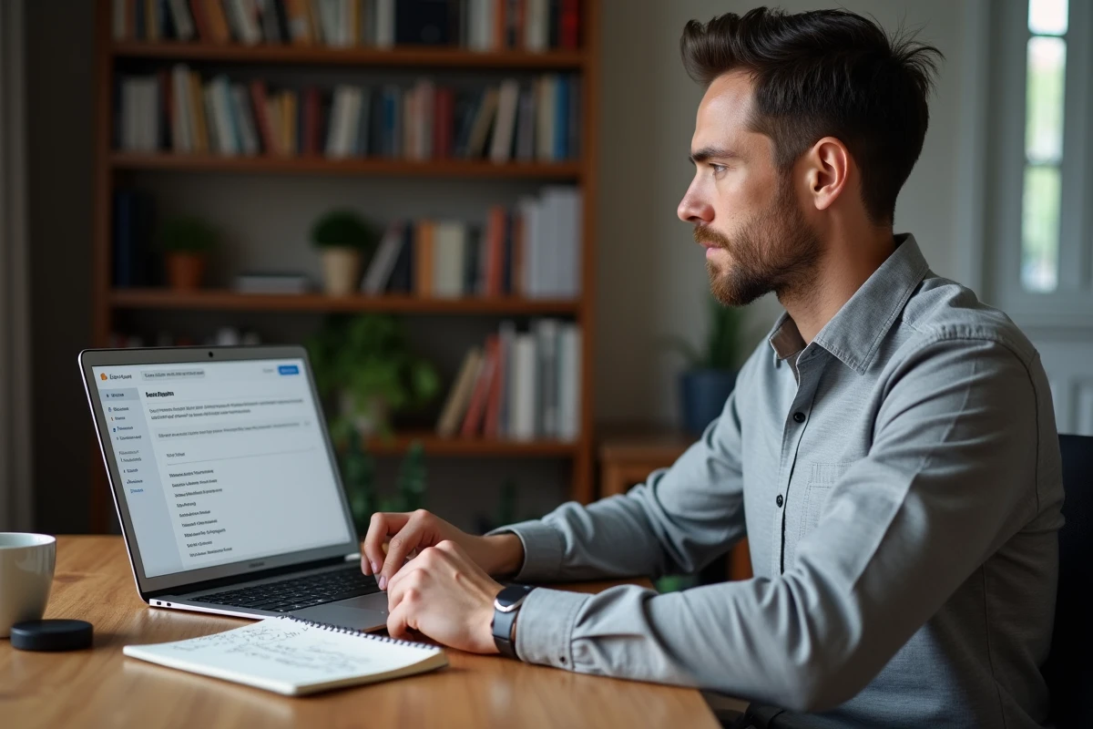 Homme configurant des règles automatiques de messagerie Webmel sur un laptop dans un bureau à domicile