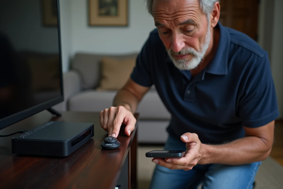 Homme effectuant une réinitialisation du décodeur Orange TV pour corriger l'erreur L11-06
