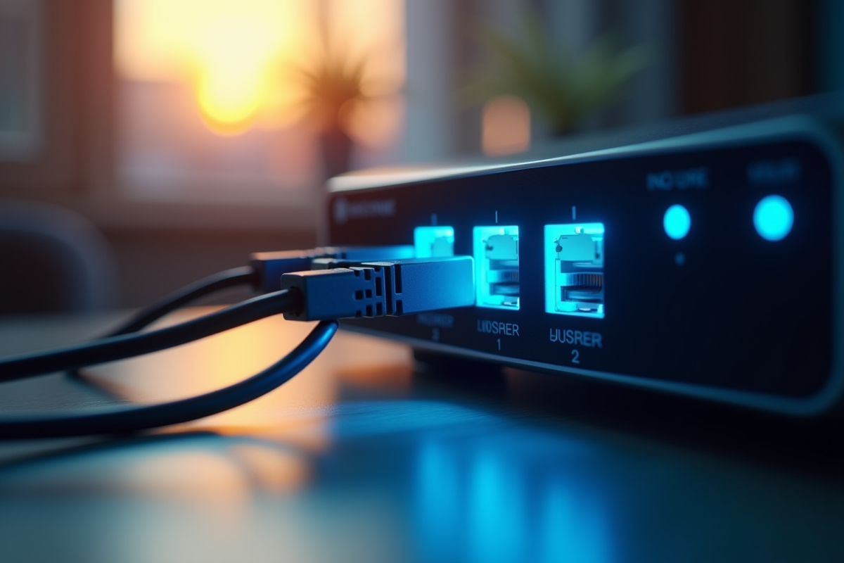 Routeur fibre optique avec voyants lumineux dans une pièce ensoleillée