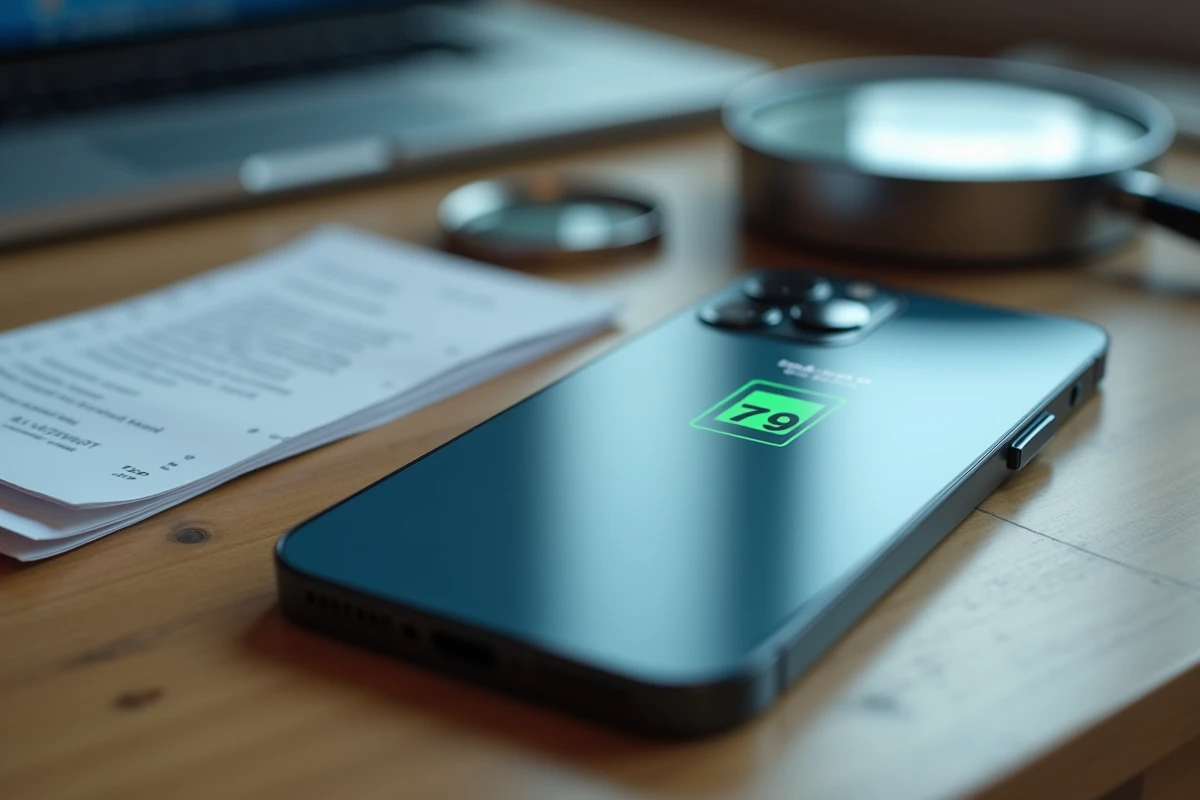 Gros plan d'un iPhone 12 Pro d'occasion affichant un faible niveau de santé de batterie, signe d'alerte pour les acheteurs