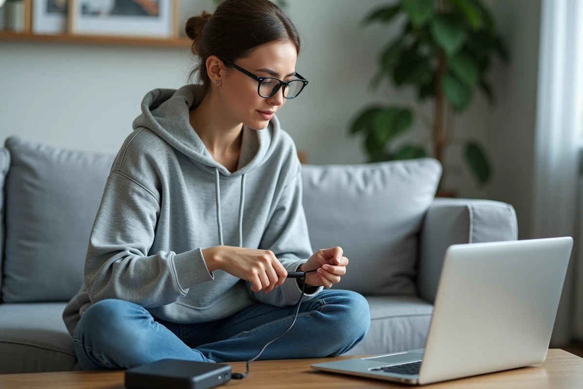 Femme effectuant une sauvegarde de ses fichiers sur un disque dur externe avant réinstallation de Windows 7