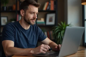 Homme sauvegardant ses données sur une clé USB avant de réinstaller Windows 7 sur son ordinateur portable