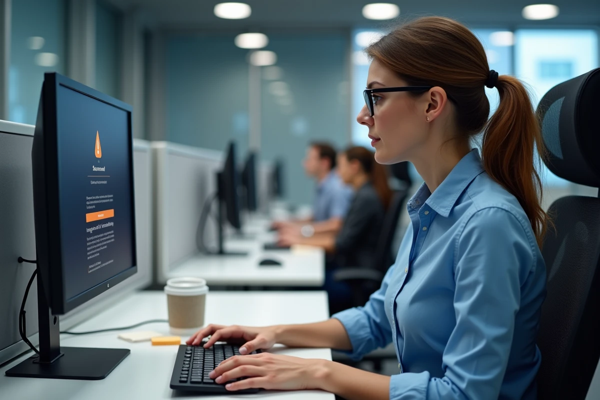 Femme professionnelle lisant un message d'erreur de site bloqué sur un ordinateur de bureau en open space