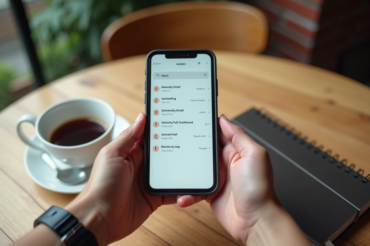 Vue de dessus d'un smartphone affichant une boîte mail Zimbra pleine posé sur une table de café universitaire