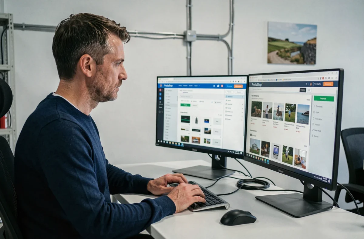 Développeur spécialisé PrestaShop travaillant sur une boutique e-commerce dans les locaux de l'agence Soledis en Bretagne