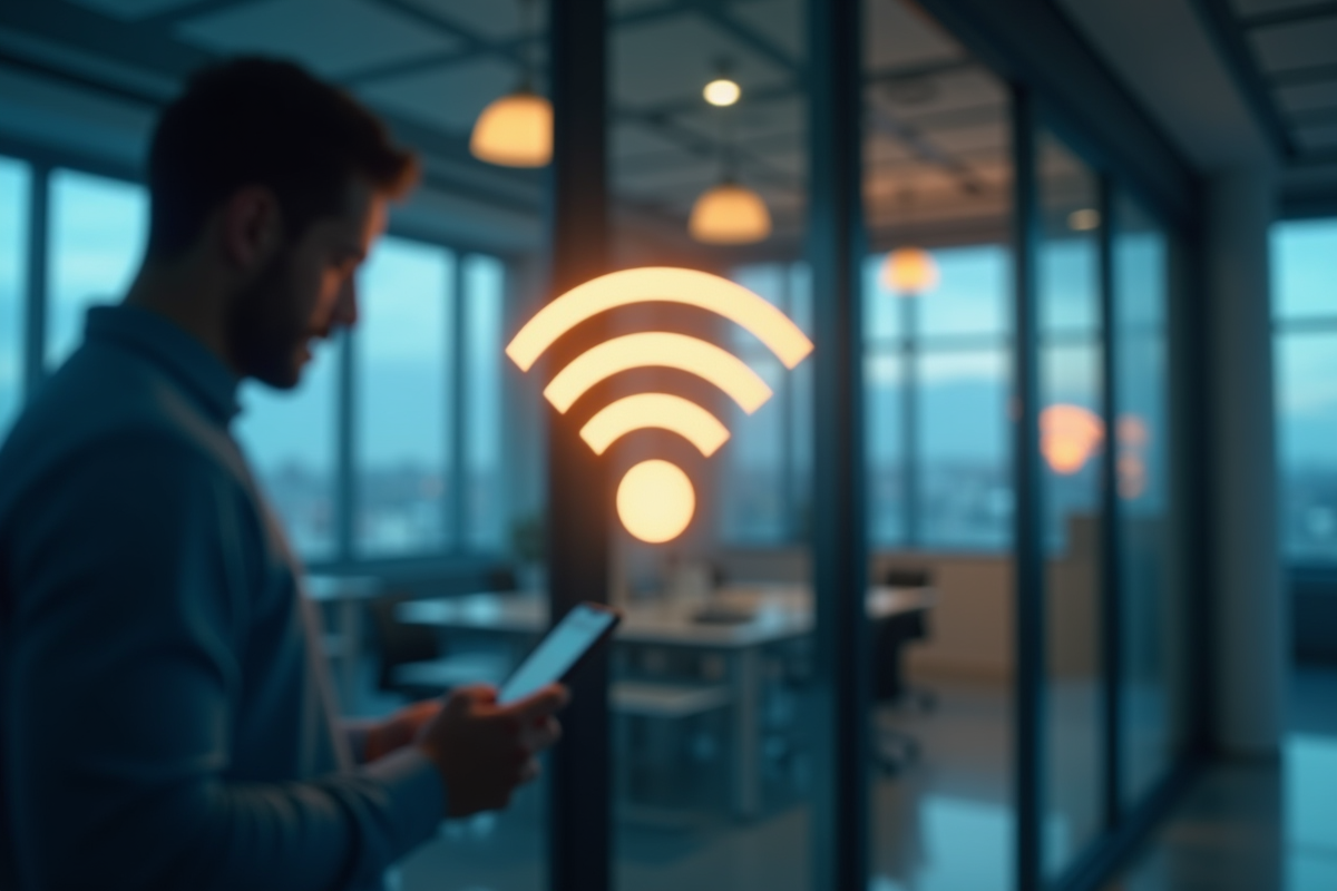 Symbole wifi lumineux sur un mur de bureau moderne