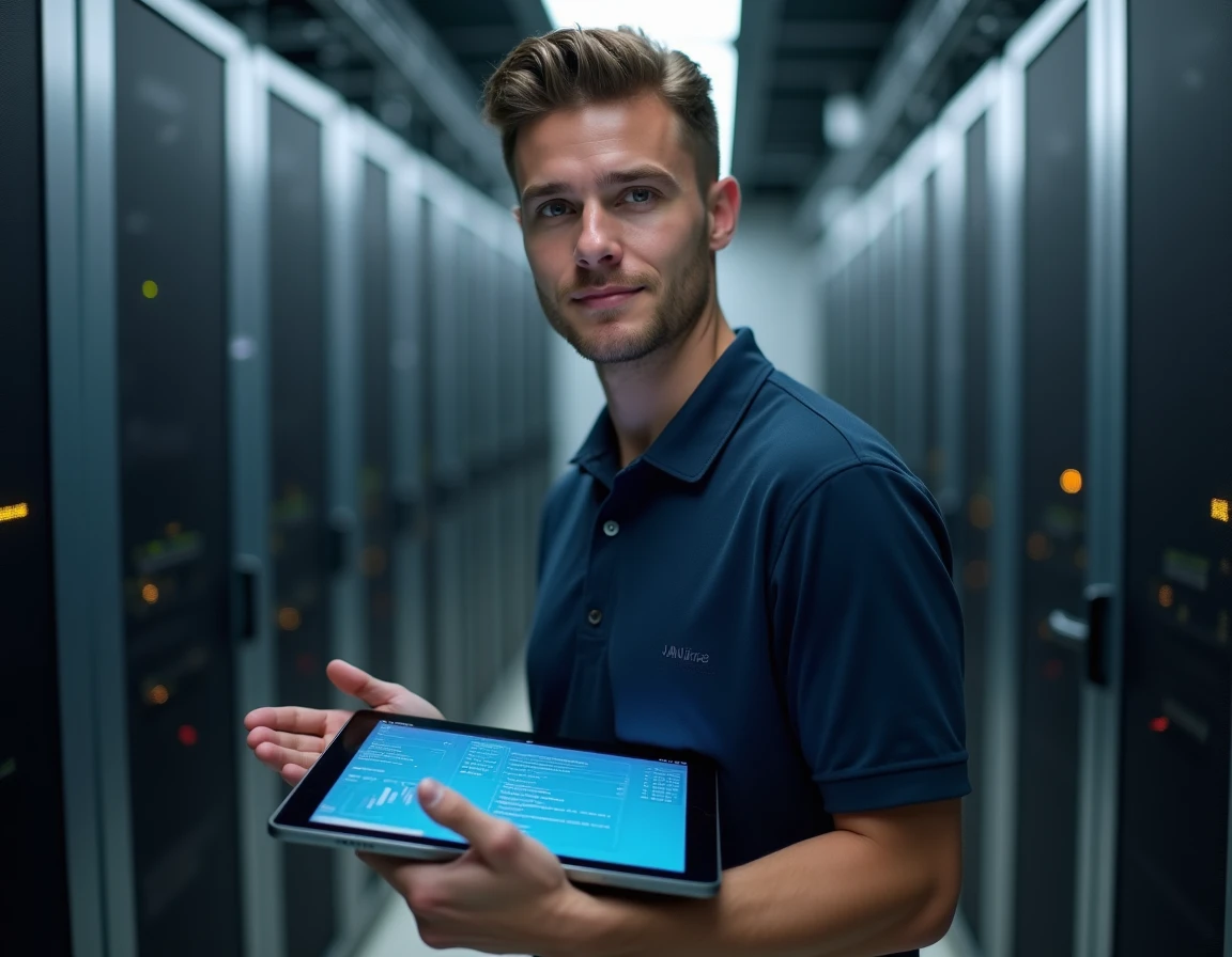 Technicien informatique vérifiant le statut du serveur Zimbra dans une salle des serveurs