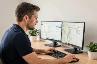 Technicien informatique utilisant un logiciel de nettoyage système sur un ordinateur sous Windows dans un bureau moderne