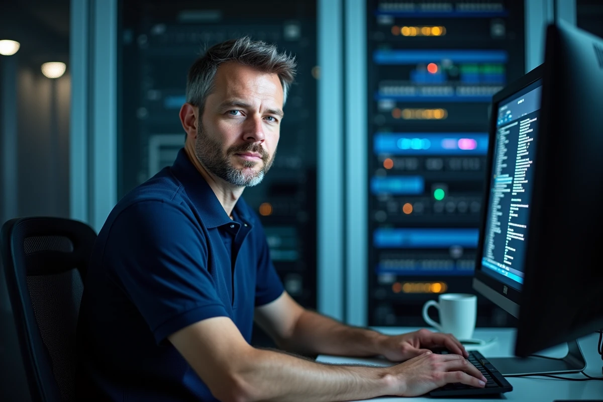 Technicien réseau diagnostiquant un problème d'adresse IP 192.168.1.1 dans une salle informatique professionnelle