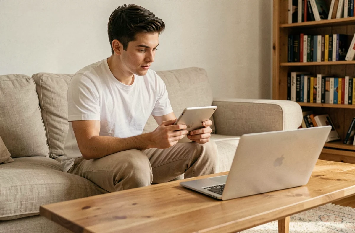 Un jeune homme testant un navigateur web sur tablette et laptop dans un salon confortable à la maison