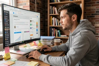 Un homme testant plusieurs navigateurs web ouverts simultanément sur un écran ultrawide dans un bureau moderne