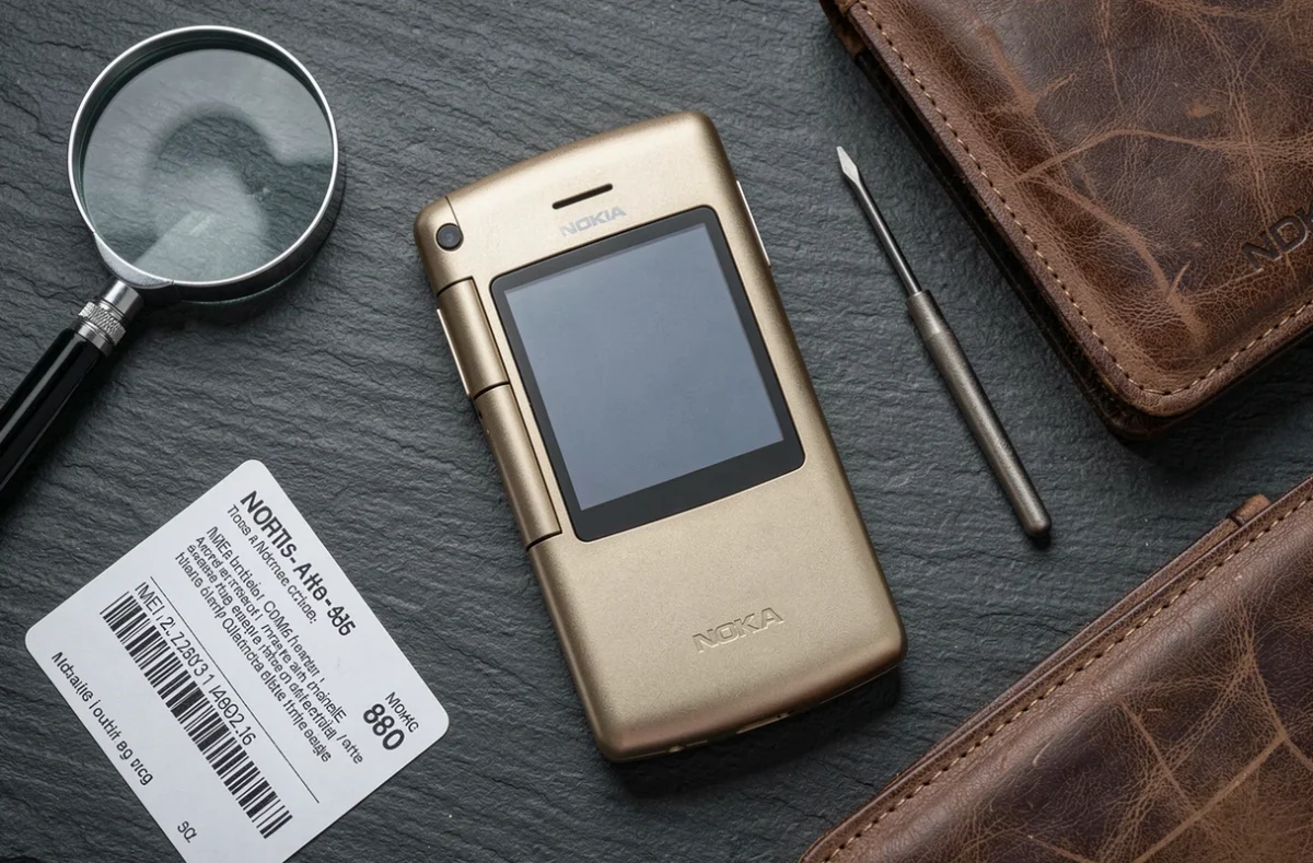 Vue de dessus d'un Nokia 8800 doré d'occasion entouré d'outils de vérification d'authenticité et d'une fiche IMEI imprimée