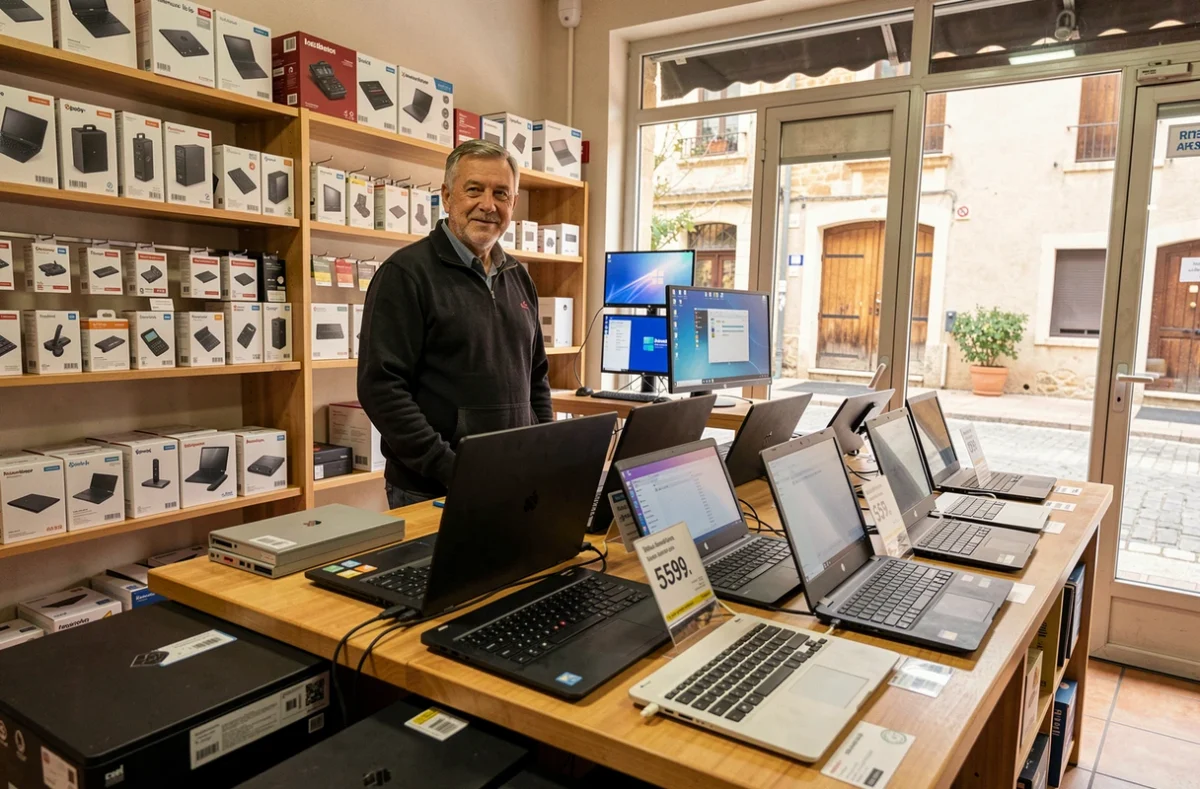 Responsable de Villeneuve Informatique derrière son comptoir de vente et réparation d'ordinateurs à Villeneuve-lès-Avignon