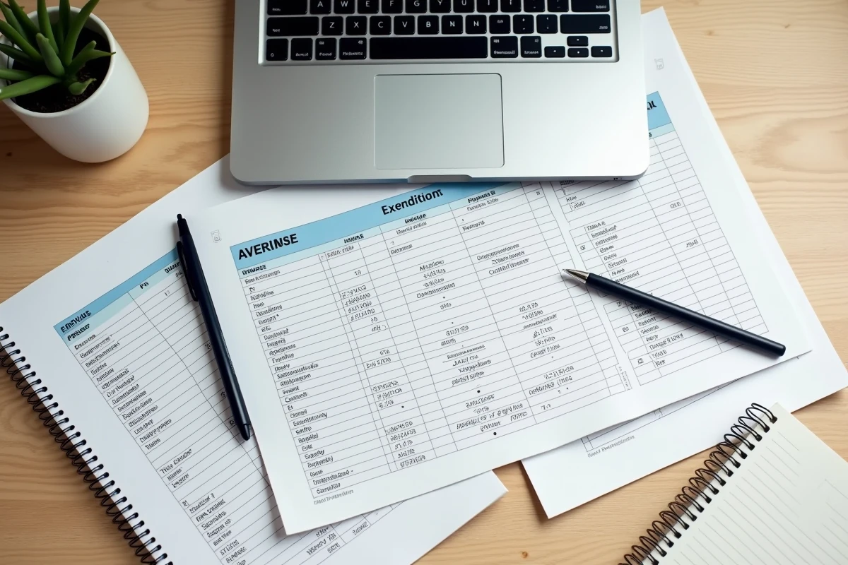 Vue aérienne d'un bureau avec un ordinateur portable affichant des fonctions Excel de calcul de moyenne sur plage dynamique