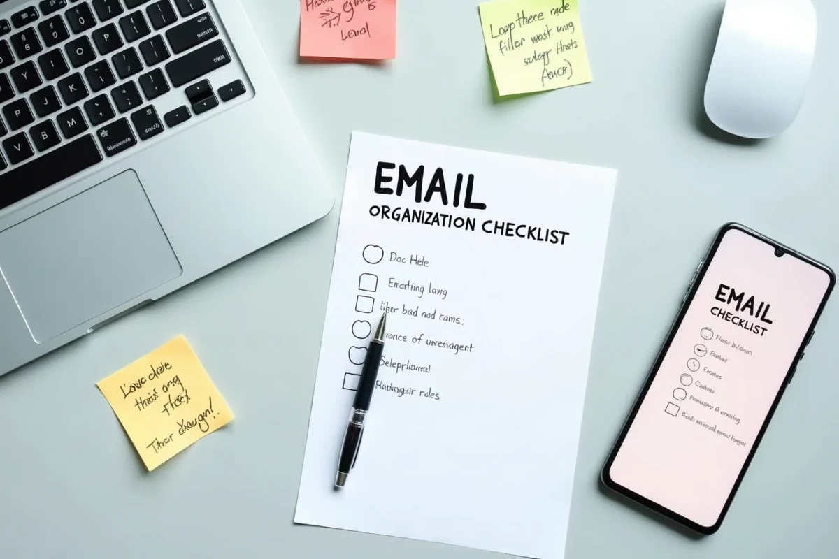 Vue aérienne d'un espace de travail avec checklist de gestion de messagerie Webmel, clavier et smartphone affichant des dossiers