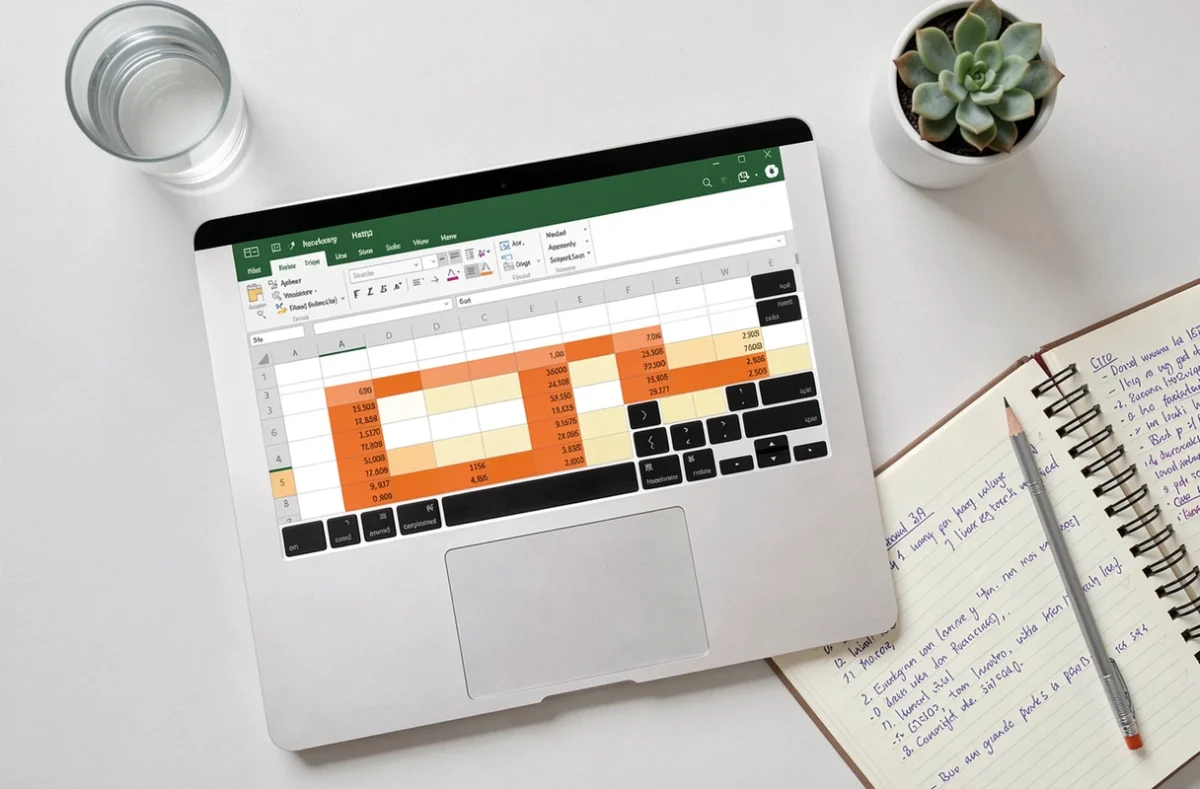 Vue de dessus d'un ordinateur portable avec un tableau Excel affichant des doublons surlignés posé sur un bureau blanc avec un carnet de notes